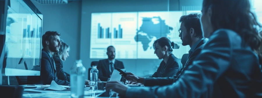 Six business professionals at a meeting to discuss a project financial report